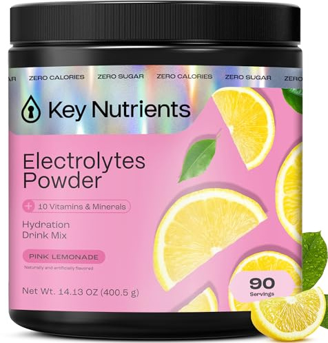 KEY NUTRIENTS Multivitamin Electrolytes Powder No Sugar - Fresh Pink Lemonade Electrolyte Powder - Endurance & Energy Supplement - Hydration Powder - No Calories - 90 Servings - Made in USA