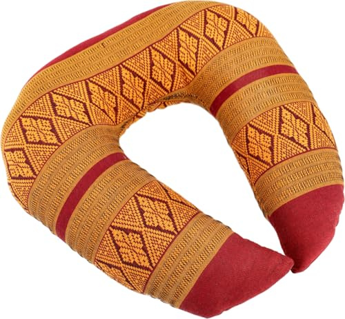 Nackenkissen, halbrunde Thai Nackenstütze mit Kapok, dunkelrot/orange | Traditionelle Webmuster, ergonomische Form, ideal zum Entspannen, vielseitig einsetzbar.