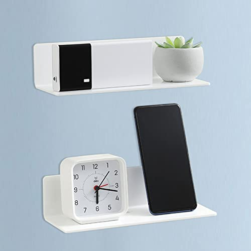 2 Stück Acryl Schwebe Regale, Weiß Schweberegale, Acryl Selbstklebend Regale, Wandregal Ohne Bohren, mit 10 Klebebändern und 4 Kabelkarten, ür Schlafzimmer, Bad, Küche(White)