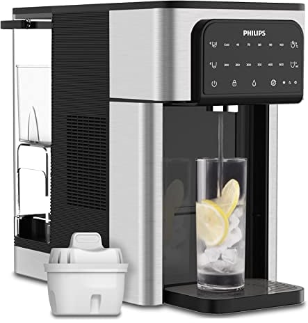 Philips Water Dispensador de Agua Todo en uno, Filtro de Agua Caliente y fría, Capacidad de 2,8 litros, 6 ajustes preestablecidos de Temperatura Pantalla táctil Plateado/Negro