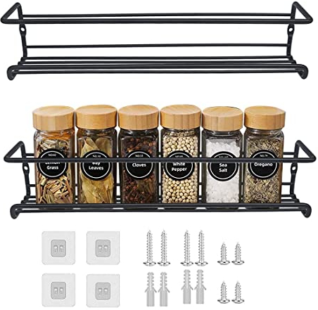 Gewürzregal Wand 2 Stück Gewürzregal aus Metall Schwarz Gewürzregal Hängend Ohne Bohren, Wand Küchenregal für Küche Gewürz Organizer Küchenzubehör- 29 x 6 x 6.5cm