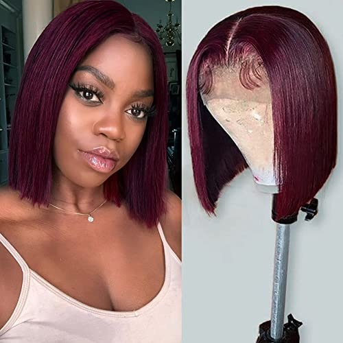 DÉBUT Perruque de cheveux humains brésiliens raides avec dentelle frontale - Avec cheveux de bébé - Densité 150 % - Pour femme (25 cm, bordeaux)