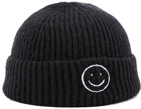 MSTICKER Alphabet Stickerei Hut Männer und Frauen Strick Mütze Mütze koreanische Version Modetrend Smiley Gesicht Melone Haut Hut Wassermelone Hut, schwarz