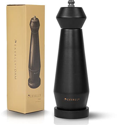 EKVALLY DAM manuelle Pfeffermühle mit Untersetzter aus Buchenholz - Gewürzmühle mit Keramikmahlwerk - stufenlos einstellbar – Pfeffer-Mühle ohne Inhalt