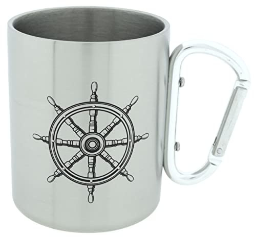 WB wohn trends Outdoor-Tasse mit Karabiner-Haken, Edelstahl-Tasse, Ultraleicht, Steuerrad maritim, 300ml, doppelwandige Camping-Tasse Wandern