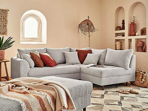 Lisa Design Rune – Ecksofa rechts – 4-Sitzer – mit hocker – aus Cord Hellgrau