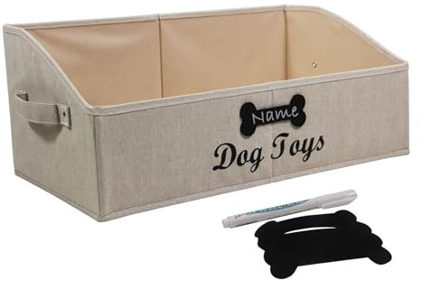 Brabtod Large Dog Toy Basket Collapsible Dog Toy Box Fabric Trapezoid Dog Toy Bin Storage for organizing pet Toys/Blankets/leashes/Rope Toys/Clothing-Can be Personalized-KhakiStripe