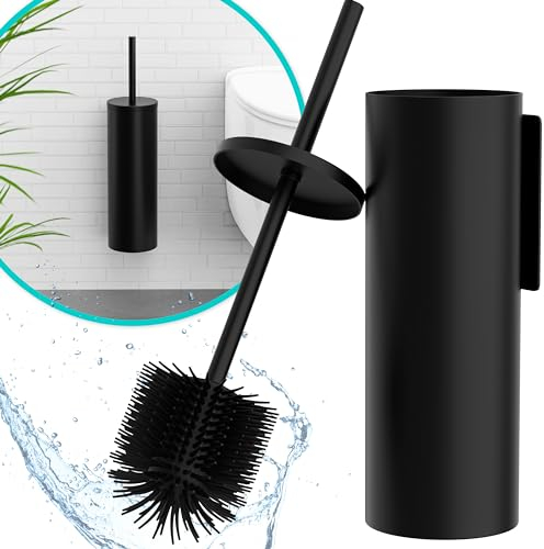 Hovea - Klobürste Wandmontage Schwarz - Toilettenbürste Silikon & Metall - Wand WC-Bürste Ohne Bohren - Wandbefestigung mit Sticker oder Schraube - Klobürstenhalter - WC3610