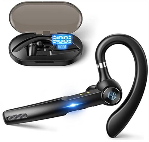 Bluetooth Headset, Wireless Bluetooth Earpiece Noise Reduction Single Ear Earphones, with Digital Power Display, Charging Case, for Driving Business Office Sports