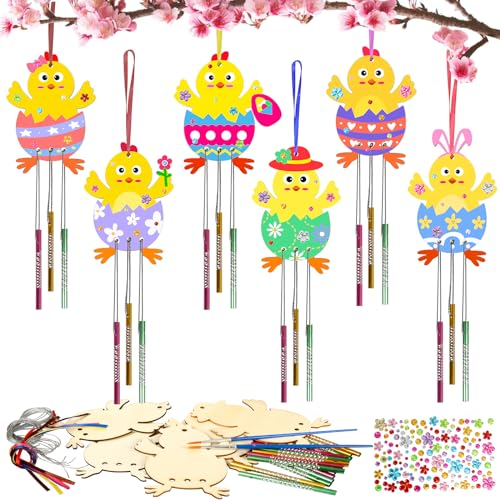 HONMOK 6 Stück Osterküken Windspiele Bastelset Ostern Basteln Holz Küken Windspiele Kinder DIY Klangspiele zum Bemalen Bastelhandwerk für Haus Garten Frühling Dekoration Osterdeko