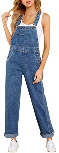 Roskiky Women's Fashion Overalls Loose Fit Denim Jumpsuit Indigo Skylight Size X-Large