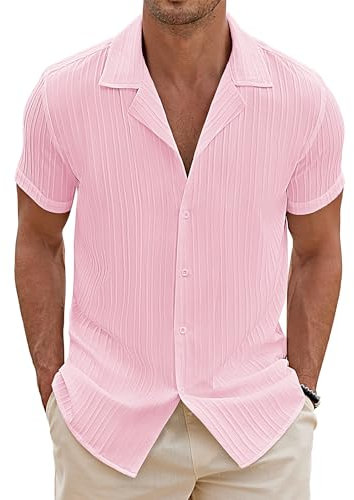 COOFANDY Chemise à Manches Courtes pour Homme - Chemise d'été colorée - Cuba - Hawaï - Chemise décontractée boutonnée - Tenue de Plage texturée - Rose Moyen - L