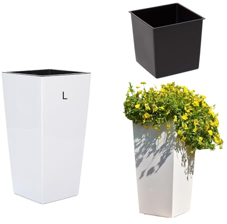 MELTOM Übertopf Blumenkübel Blumentopf Hochglanz mit Einsatz Hoch (Weiß, L-46cm)
