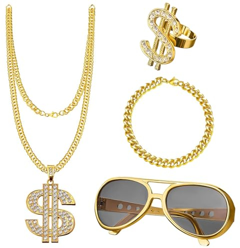 HDKAJL 4 Stück Karneval Hip Hop Kostüm Accessories, 80er 90er Jahre Outfit Herren Rapper Hip Hop Kostüm Set Goldene Dollar Kette Halskette Ring Armbänder für Karneval Fasching Cosplay Party