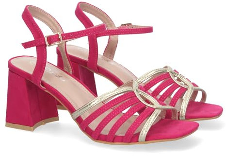shoes&blues.es 81610-Sandalia de Tacon para Mujer, Comodas, con Adorno en la Pala, Cierre de Hebilla, Ideal para Eventos.. Talla 40 Fucsia