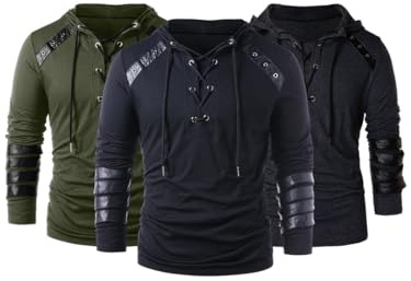 helymore Men Gothic Hoodie Steampunk Drawcord Lace up Pullover Hooded Medieval Knight Long Sleeve Sweatshirt Renaissance Costume Blouse Tops