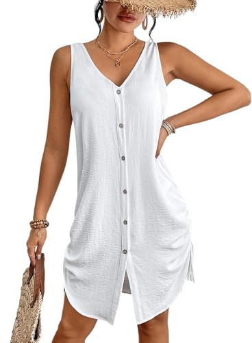 Bsubseach Swimsuit Coverup for Women V Neck Sleeveless Beach Dresses Vacation Outfits White L