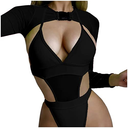 Generisch Festival Outfit Damen Rave Outfit Oberteil Badeanzug 2-Teilig Neon Rave Body Sexy Niedrig Geschnitten mit Y2K Langarm Crop Top Cover-Up Bikini Clubwear Kleidung Damen Schwarz XS