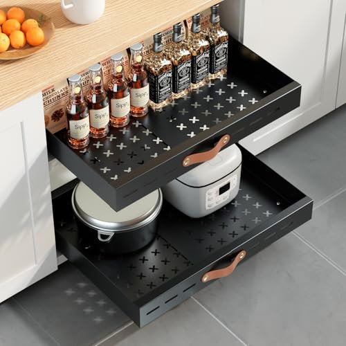 Livofloral Teleskopschublade, Ausziehbare Schublade Küchen, Verstellbare Breite Ausziehbarer Schrank Organizer, Kein Bohren, für Küche, Wohnzimmer, 30-50 cm B x 40 cm T x 6 cm H, Schwarz, 1 Stück