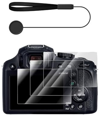VOVMOEYA Con 1 copriobiettivo, 3 confezioni di pellicole protettive per lo schermo compatibili con Panasonic Lumix DC-FZ80, FZ80D, FZ82, FZ82D, FZ85, FZ85D, TZ85, ZS70, TZ90, TZ95, pellicola in vetro