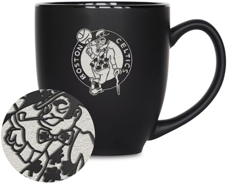Rico Industries NBA Basketball Boston Celtics Primary 15oz Laser Engraved Matte Black Ceramic Bistro Mug - for Hot or Cold Drinks