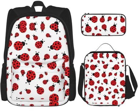OKFSTY Ladybug Rucksack, 40,6 cm, für Jungen, Vorschule, elementare Büchertasche und Lunchbox, geringes Gewicht, 3 Stück, Schwarz , Einheitsgröße, Schulranzen-Set