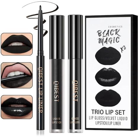 3Pcs Black Matte Liquid Lipstick and Lip Liner Set - Black Lip Gloss Stain Lipliner Set, Moisturizing Velvet Liquid Lipstick Lipgloss/Non-Stick Cup Lip Stain for Halloween Goth Makeup