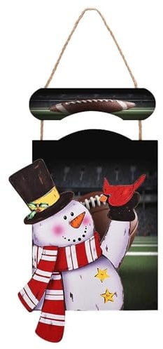 Festive Snowman Wooden Hanging Sign for Christmas Decor, American Football Print Festive Wall Sign Rustic Holiday Home Ornament