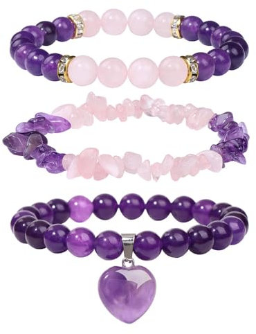 TOFBS 3 Pièces Bracelet Améthyste Naturelle Quartz Rose Cœur Pendentif Cristal Bijoux Femme Élégant Ensemble Pierre Précieuse