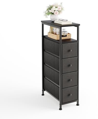 MUTUN Narrow 4 Drawers Chest Dresser, Bedroom Fabric Storage Drawer with Wood Top, Tall and Slim Cupboard Nightstand End Table Organizer Unit for Bathroom, Hallway, Living Room, Closet, Office Black