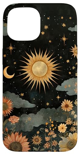 Vintage Boho Celestial Floral Sun Moon Stars Painting Art Case for iPhone 15