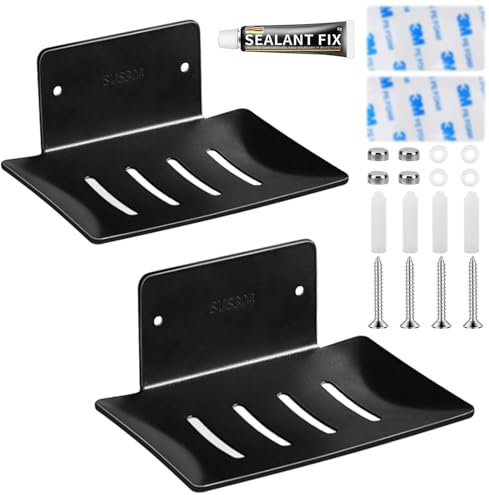 SupRovare Soap Dish Holder, 2 Pack Stainless Steel Shower Soap Holder, Shower Soap Dishes Tray Sink Sponge Holder for Kitchen and Bathroom, Wall Mounted/Self Adhesive, Black