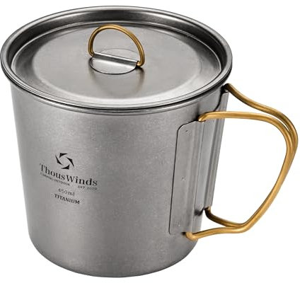 Thous Winds Titan Outdoor Tasse 450ml, Titan Camping Becher mit Deckel & Klappgriffen – Tragbare Becher Leichter Kaffeebecher für Camping, Wandern, Trekking, Kochen, Picknick