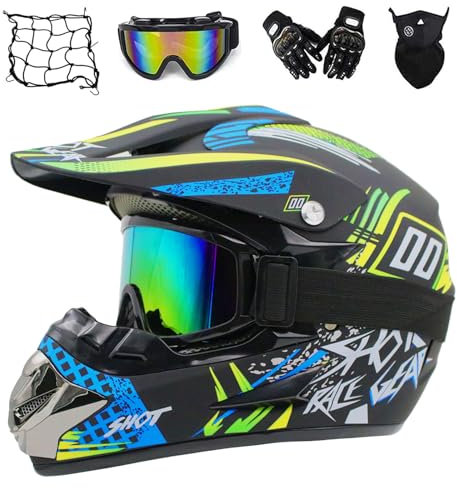 MRDEER Fullface Motocross Helm Kinder, Downhill Motorradhelm Set mit Handschuhe Maske Brille Helmnetz, Motorrad ATV Enduro D.O.T Crosshelm Motorradhelm für Damen Herren (S 52-53CM,Schwarz Blau)
