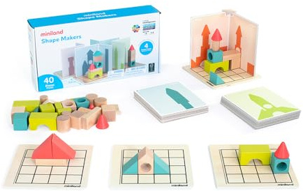 Miniland – Shape Makers | Konstruktionsspiel mit Holzteilen für Kinder ab 6 Jahren mit Spielertafeln