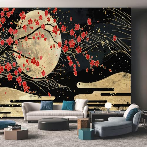 NOGAWA Papier Peint Japonais Asiatique, Papier Peint Motif Fleurs Rouge Lune, Panoramique Décoration Murale Pour Salon, Chambre, Tapisserie Murales Intissé, Wallpaper Mural 200x140cm