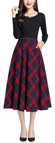 BiilyLi Jupe Longue Femme Hiver Élégant Laine Carreaux Haute Taille A-Ligne Automne Taille élastique Midi Jupe Plissée