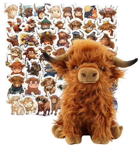 SYTTNUM Hochland Kuh Kuscheltier,Hochlandkuh Plüschtier, Highland Kühe Aufkleber Cattle Sticker Set,25cm Kuscheltier Hochlandrind, Hochlandkuh Weichpuppen,Braun Für Erwachsene Kinder