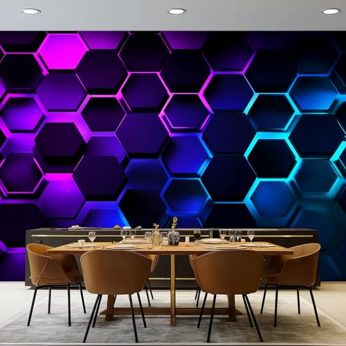 Générique Papier peint intissé Noir, Simple Néon Hexagones motif Poster Murale, 200 x 140 cm 3D Papier Peint Panoramique pour Chambre Salon Salle à Manger Décoration