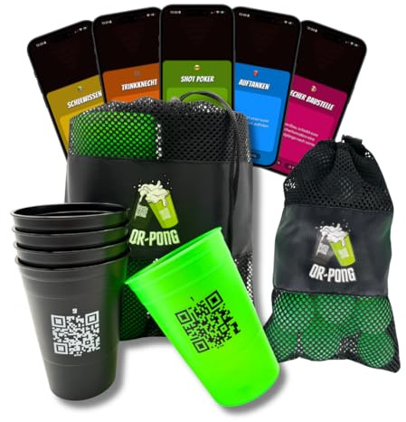 QR-Pong - Beer Pong mit App und 3.000 lustigen Aufgaben - 22 Wiederverwendbare Hartplastikbecher - Das coolste Geburtstagsgeschenk - Trinkspiel Set + 30er Bälle Set