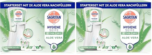 Sagrotan No-Touch Automatischer Seifenspender Weiß – Vorratspack – Inkl. Sagrotan Nachfüllern Aloe Vera – 2 x 250 ml Flüssigseife (Packung mit 2)