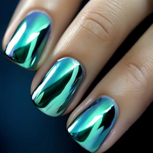 Press On Nails Aqua Green Mirror Chrome False Nails Short Square Glossy Metallic Nails with Damage-Free