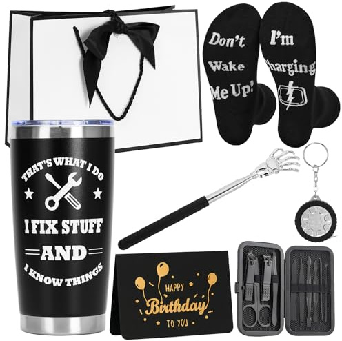 Iyxeo Funny Birthday Gifts for Men, Men's Gift Set with Tumbler, Telescopic Back Scratcher & Novelty Socks, Unique Present Ideas for Dad, Husband, Brother, Boyfriend, Father's Day & Valentine's