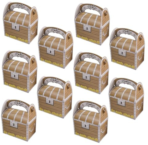 10 Stück Schatztruhen Geschenkboxen aus Papier für Geburtstagsfeiern | Piratenmotiv, Kompakt und Leicht, zum Aufbewahren und Mitnehmen bei Festen
