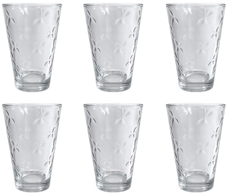 Trinkglas, Wasserglas – 300 ml mit Struktur – 6er-Set mit Blütenrelief | Für Saft, Wasser, Cocktail, Limonade – spülmaschinengeeignet – Longdrinkglas, Küchenzubehör, Gläser-Set – Seaside No.64