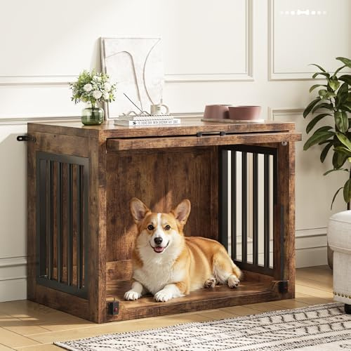 Jocoevol Hundebox Möbel, 76cm Hundekäfig für Hunde bis 14 kg | Hundehaus Holz mit versteckter Schiebetür, Heavy Duty Hundekäfig mit Sicherheitsschloss und leisen Pads, 76 x 51 x 63 cm