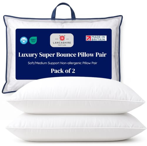 Lancashire Textiles 2 Pack Luxury Super Bounce Pillow Pair | Made in Britain Soft/Medium Support Non-allergenic Pillow Pair | Machine Washable Super Bounce Features (2 Pack)