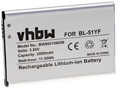 vhbw Li-Ion Battery 3000 mAh 3.85 V For Mobile Phone LG DS1402, G4, G4 Dual SIM, Dual LTE H810 H811 BL–51YF EAC62858501