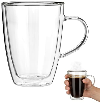 Premier Housewares Premium Double Wall Glass Mug 330ml | Insulated Glass Coffee Mug for Livingroom | Non Slip Silicone Base Double Walled Mug for Bedroom | Borosilicate Glass Mug
