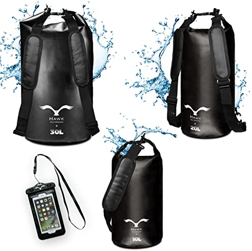 HAWK Outdoors Dry Bag - Rucksack Wasserdicht • schwimmfähig • gepolsterte Schulter-Gurte • inklusive Handy-Hülle • 30L 20L 10L